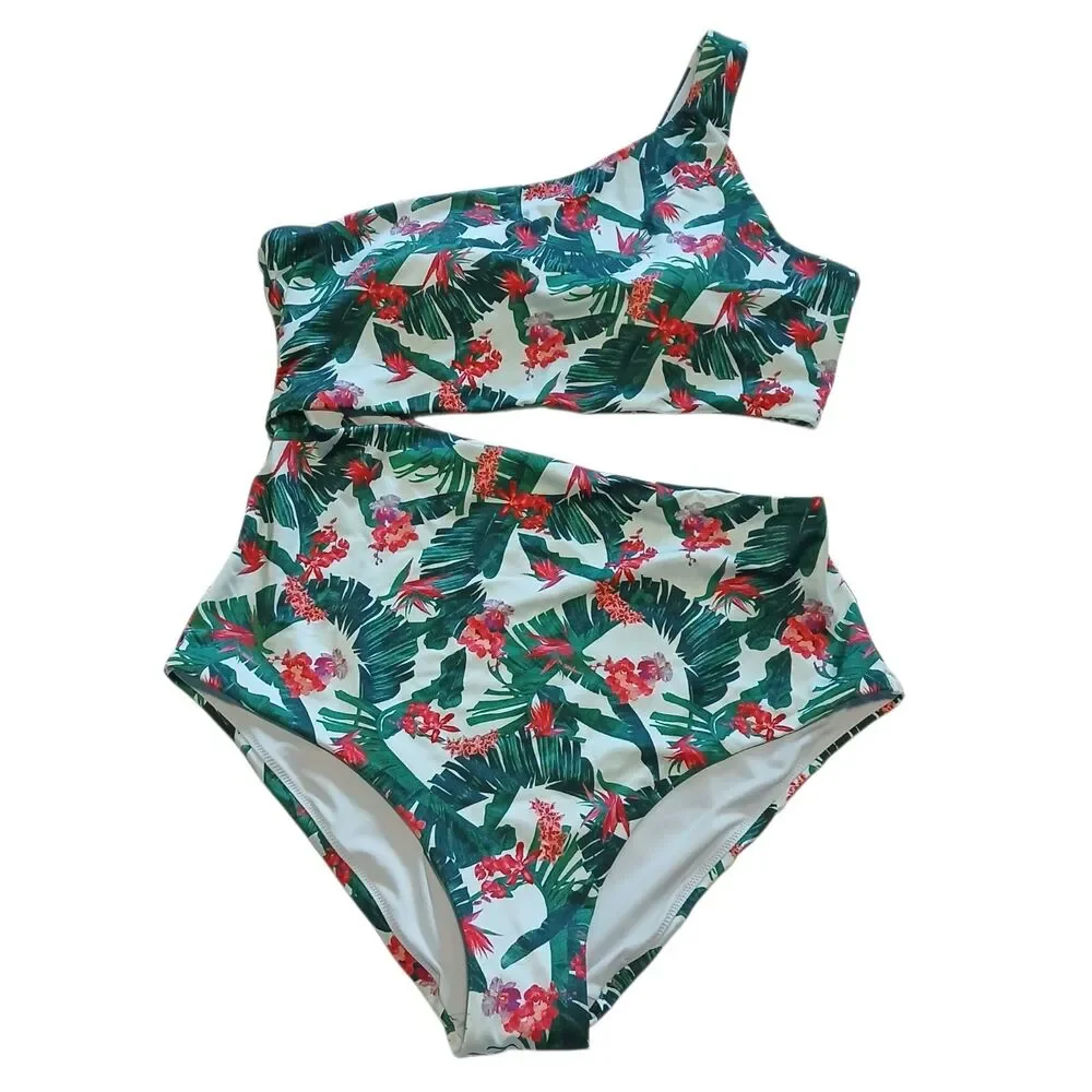 NWT XL Victoria's Secret Cut-out One-Piece Swimsuit Green Red Palm Tropical